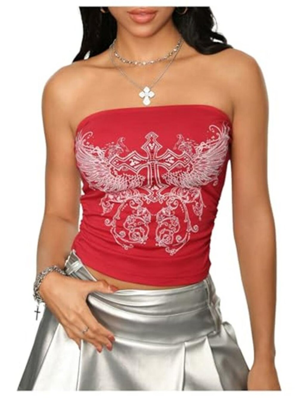 Women's Red Gothic Cross Graphic Rhinestone Tube Top -  Strapless Top